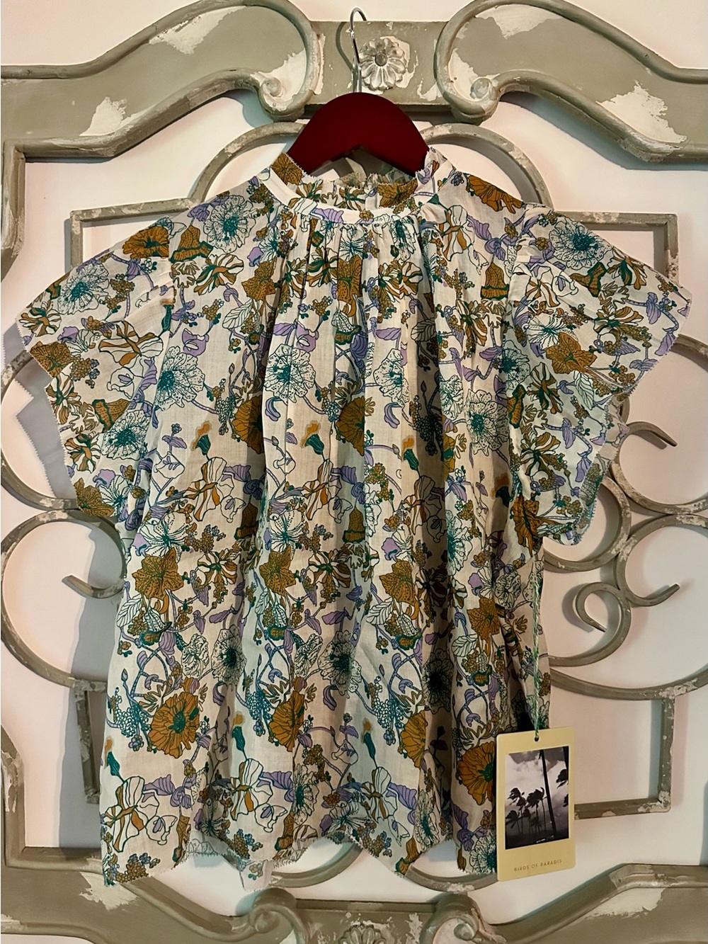 NWT Trovata Birds of Paradise Carla High-neck shirt in Violet Tendril Size XS - Picture 3 of 10